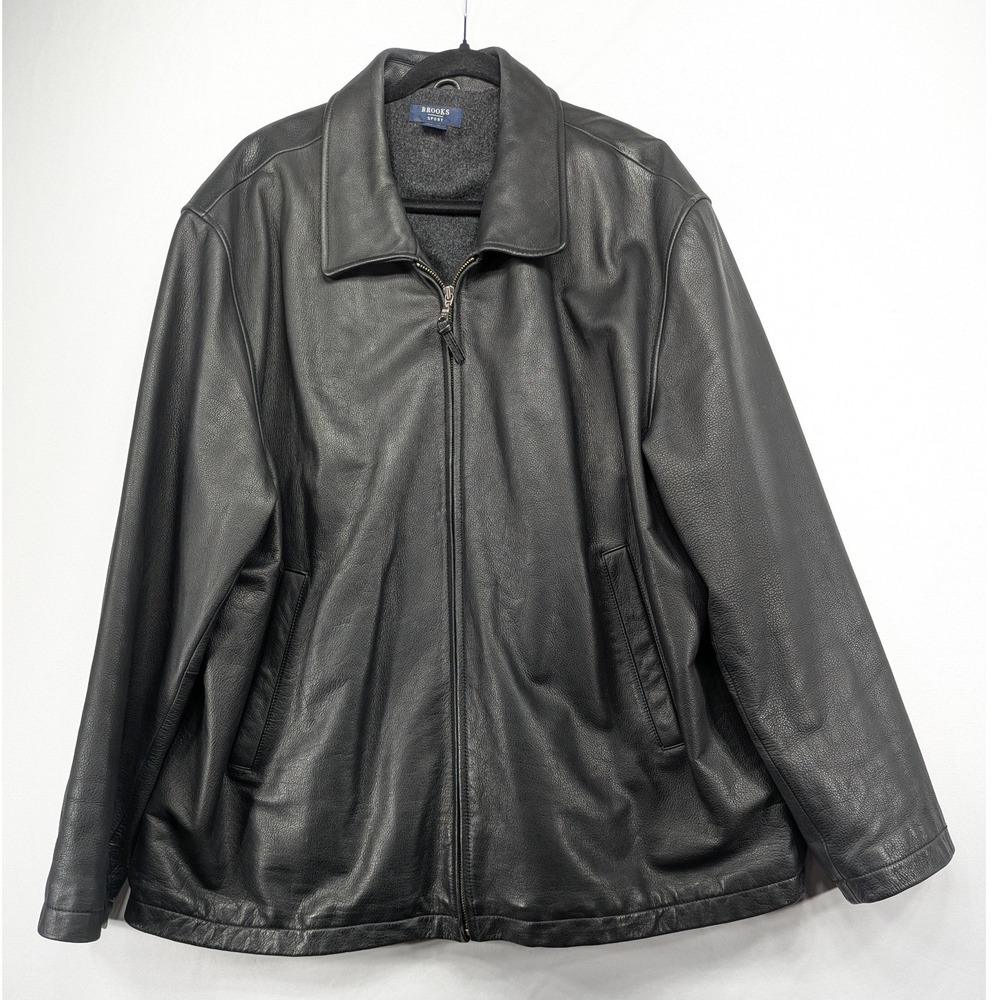 Brooks Sport Mens Black Genuine Leather Full Zip Wool Blend Lined Jacket XXL
